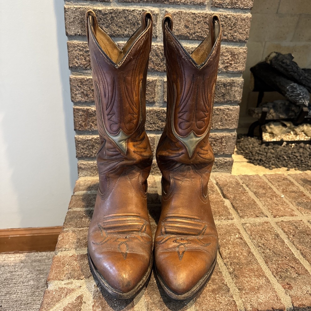 Vintage Texas Brand Longhorn USA Men Brown Saddle Leather Cowboy Boots M197 9D